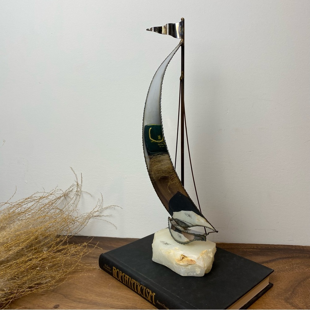 Mid Century Torch Cut Sailboat Sculpture, Jere Style Brutalist sculpture